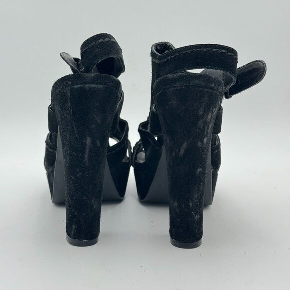 Steve Madden Suede Leather Cutout Platform Heels Black Peep Toe Chunky Slingback - Picture 3 of 12